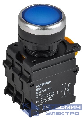 Кнопка d22мм 1НО+1НЗ MASTER с подсветкой и фиксацией син. IEK MI-BT60-11TD-3-11-K07