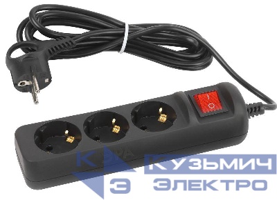 Удлинитель электрический UX-3es-3m-B с заземл. с выключателем 3 розетки 3м ПВС 3х0.75кв.мм 10А черн. Эра Б0057728