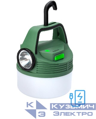 Фонарь аккумуляторный кемпинговый походный 16Вт SMD LED+3Вт LED Li-ion 18650 2400мА.ч Power-bank корпус ABS-пластик индикатор уровня заряда USB-шнур складной крючок для подвешивания матов. рассеив. КОСМОС KOC616Lit