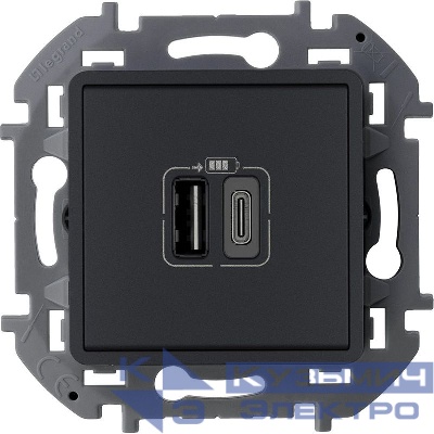 Устройство зарядное Inspiria с 2-мя USB разьемами A и C 240В/5В 3000мА антрацит IEK 673763