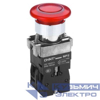 Кнопка управления "Грибок" d40мм NP2-BW4462 1НЗ IP40 с самовозвратом с подсветкой красн. (R) CHINT 575782