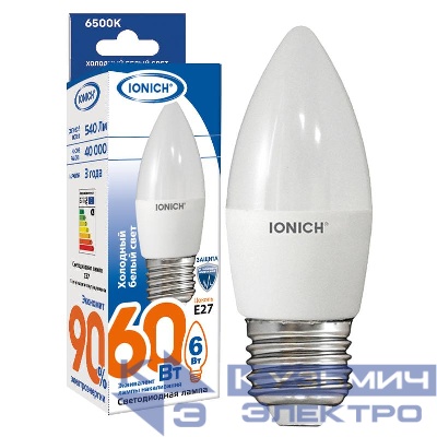 Лампа светодиодная ILED-SMD2835-C37-6-540-220-6.5-E27 (1119) IONICH 1533