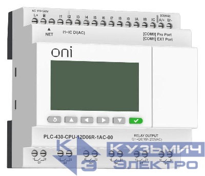 Модуль ЦПУ ПЛК 430 12 DI 6 RO 220В AC с Ethernet портом с экраном ONI PLC-430-CPU-12D06R-1AC-00