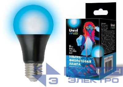 Лампа светодиодная LED-A60-9W/UVAD/E27/FR PLZ07BK 410нм ультрафиолетовая для дискотек спектр UVA картон Uniel UL-00005855