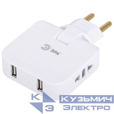 Разветвитель электрический 2-м 10А SPF-2-FL-USB 2USB поворотн. бел. Эра Б0069089