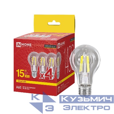Лампа светодиодная LED-A60-deco 4PACK 15Вт прозрачная 3000К E27 1480лм 230В (уп.4шт) IN HOME 4690612063201