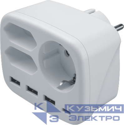 Разветвитель 1 роз. с заземл. + 2 роз. без заземл (плоск. вилка) + 3хUSB type-A + USB type-C 95 680 NAD-USB03-1E+2X-WH бел. NAVIGATOR 95680