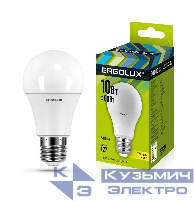 Лампа светодиодная LED-A60-10W-E27-3000K 10Вт грушевидная 3000К тепл. бел. E27 180-240В ЛОН Ergolux 12148