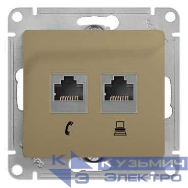 Розетка компьютерная + телефонная 2-м СП Glossa RJ45 + RJ11 кат.5E механизм титан SE GSL000485