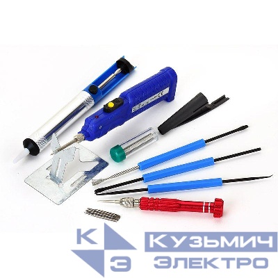 Набор для пайки (паяльник 8Вт оловоотсос подставка припой отвертка интрумент для монтажа) Rexant 12-0167