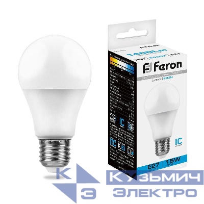 Лампа светодиодная LB-94 15Вт A60 грушевидная 6400К E27 230В FERON 25630