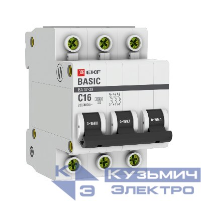 Выключатель автоматический модульный 3п C 16А 4.5кА ВА 47-29 Basic EKF mcb4729-3-16C