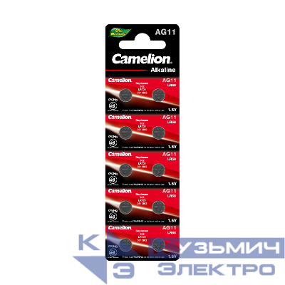 Элемент питания алкалиновый "таблетка" LR721/362A/162/G11 Mercury Free AG11-BP0%Hg для часов BL-10 (блист.10шт) Camelion 12819