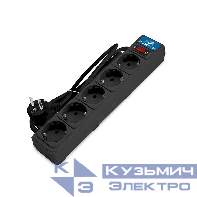 Удлинитель с сетевым фильтром 5х1.8м с заземл 10А IP20 2.2кВт ПВС 3х1 с выкл. черн. DOMTOK 2537
