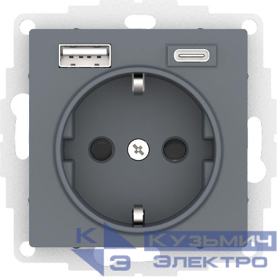 Розетка AtlasDesign 16А с 2-мя заряд. устройствами USB тип A+C 5В/2.4А 2х5В/1.2А механизм грифель SE ATN000732