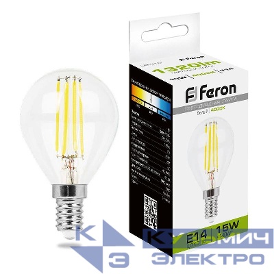 Лампа светодиодная LB-515 15Вт прозрачная 4000К E14 230В FERON 38250