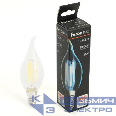 Лампа светодиодная LB-1218 8Вт C35T свеча на ветру прозрачная 6400К E14 1320лм 175-265В FERON 51267