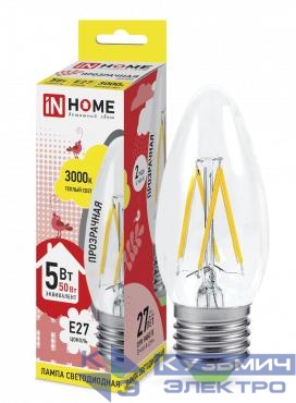 Лампа светодиодная LED-СВЕЧА-deco 5Вт свеча прозрачная 3000К тепл. бел. E27 450лм 230В IN HOME 4690612007588