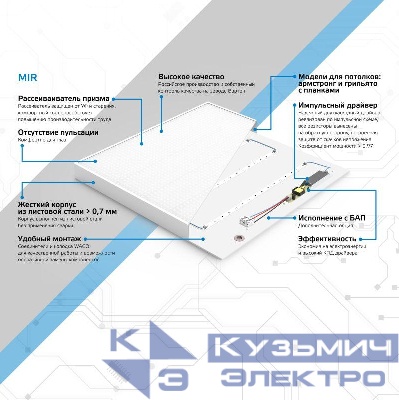 Светильник светодиодный MiR 30Вт 4000К IP40 3500лм 588х588х50мм ДВО офисный грильято рассеив. призма GAUSS G1-R3-00010-31G03-2003540