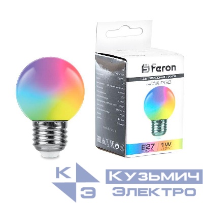 Лампа светодиодная LB-37 1Вт G45 шар матовая E27 230В RGB плавная смена цвета FERON 38116