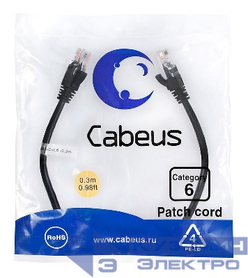 Патч-корд U/UTP кат.6 PC-UTP-RJ45-Cat.6-0.3m-BK 2xRJ45/8p8c неэкранир. PVC 0.3м черн. Cabeus 8661c