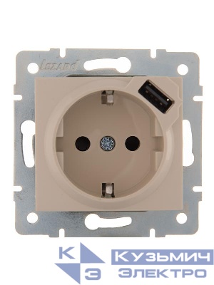Розетка 1-м СП Karina 16А с заземл. с заряд. устройством USB механизм крем. LEZARD 707-0388-181