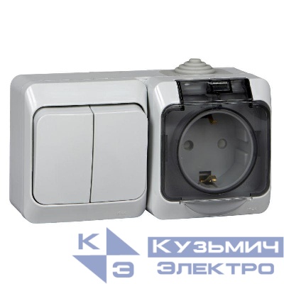 Блок ОП Этюд (1-м розетка 16А 250В евростандарт с заземл. защ. шторки + 2-кл. выкл.) IP44 сер. SE BPA16-242C