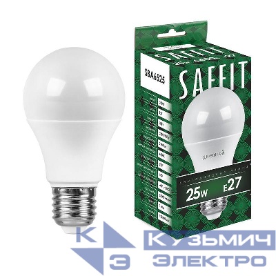 Лампа светодиодная SBA6525 25Вт A65 грушевидная 6400К E27 230В SAFFIT 55089