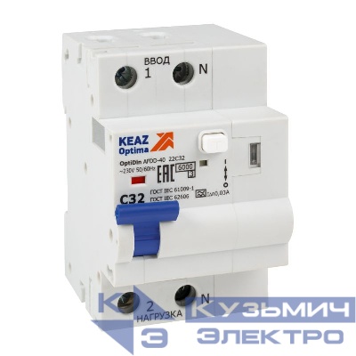 Устройство защиты от дугового пробоя с АВДТ и защ. от пов. напряж. OptiDin AFDD-40-22C32-A-У3 (2P C32 30mA Uоткл 275В) КЭАЗ 339090