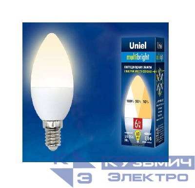 Лампа светодиодная LED-C37-6W/WW/E14/FR/MB PLM11WH Multibright 6Вт свеча матовая 3000К тепл. бел. E14 100-50-10 (упак. картон) Uniel UL-00002373