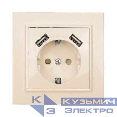 Розетка 1-м СП Минск 16А IP20 с заземл. защ. шторки с 2-мя заряд. устройствами USB 2.1А беж. EKF ERR16-028-200-2USB