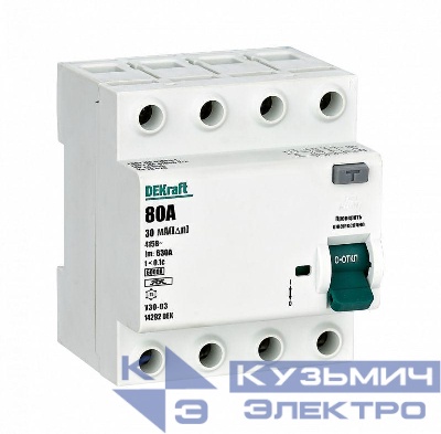 Выключатель дифференциального тока (УЗО) 4п 80А 30мА тип A 6кА УЗО-03 DEKraft 14292DEK