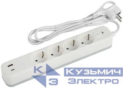Удлинитель с сетевым фильтром 4х1.5м с заземл. 10А USF-4es-1.5m-2xUSBAC-W +2xUSBA+C3.1A с выкл. с базов. защитой Эра Б0059571