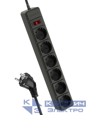 Удлинитель с сетевым фильтром 6х3м с заземл. 16А IP20 3.5кВт 3х1 с предохранителем с выкл. с индикатором сети черн. КОСМОС FKsm3m-6g(B)16A