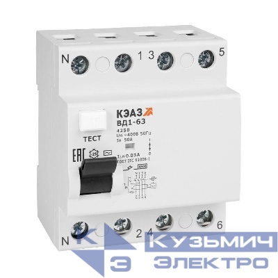 Выключатель дифференциального тока (УЗО) 4п 40А 30мА тип AC ВД1-63 4240 УХЛ4 КЭАЗ 221949