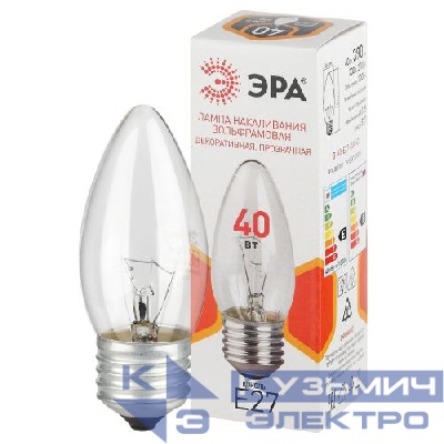 Лампа накаливания B36 40Вт свеча прозрачная E27/E27 230В Эра Б0066505