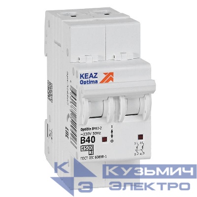Выключатель автоматический модульный 2п B 40А 4.5кА OptiDin BM63-2B40-4.5-УХЛ3 КЭАЗ 329514