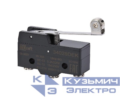 Выключатель концевой 1НО1НЗ миниатюрный шарнирн. длиннорычажного типа с метал. роликом DEKraft 34028DEK