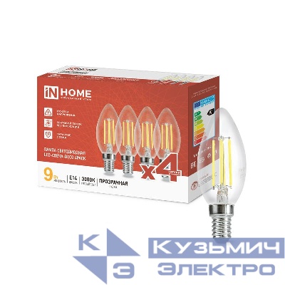 Лампа светодиодная филаментная LED-СВЕЧА-deco 4PACK 9Вт свеча прозрачная 3000К тепл. бел. E14 1040лм 230В (уп.4шт) IN HOME 4690612052540