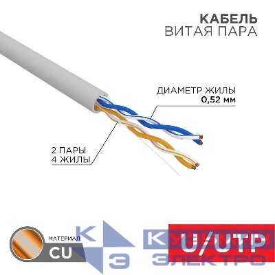 Кабель витая пара U/UTP кат.5E 2х2х24AWG LSZH нг(А)-HF INDOOR SOLID сер. (305м) (м) PRO Rexant 02-0002