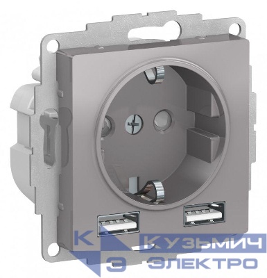 Розетка 1-м СП AtlasDesign 16А IP20 с 2-мя заряд. устройствами USB тип A+A 5В/2.4А 2х5В/1.2А механизм алюм. SE ATN000330