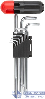 Набор ключей "звездочки" 9шт CrV Т10-Т50 с отверстием длинные с пласт.Т-обр.ручкой Профи FIT 64027