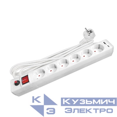 Удлинитель с сетевым фильтром 6х5м с заземл. 10А IP20 2.2кВт USB type-A + type-C ПВС 3х0.75 с выкл. бел. UNIVersal 2545