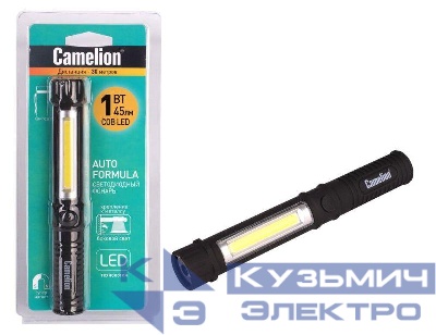 Фонарь-ручка LED51521 COB LED + 1Вт LED 3хR03 магнит клипса пластик. черн. (блист.) Camelion 13361