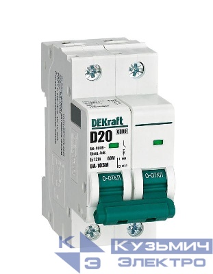 Выключатель автоматический модульный 2п D 20А 6кА ВА-103M без теплозащиты DEKraft 12548DEK
