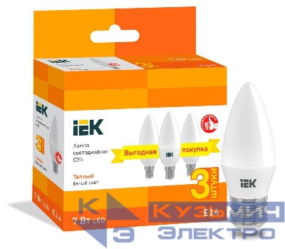 Лампа светодиодная C35 свеча 7Вт 230В 3000К E14 (уп.3шт) IEK LLE-C35-07-230-30-E14-3