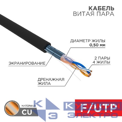Кабель витая пара F/UTP кат.5e 2х2х24AWG solid PE OUTDOOR медь наружн. прокладки черн. 305м (м) Rexant 01-0124