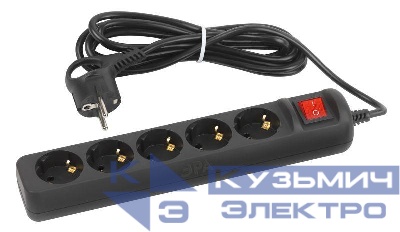 Удлинитель электрический UX-5es-3m-B с заземл. с выключателем 5 розеток 3м ПВС 3х0.75кв.мм 10А черн. Эра Б0057731