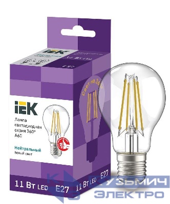 Лампа светодиодная филаментная 360° 11Вт A60 грушевидная прозрачная 4000К нейтр. бел. E27 230В IEK LLF-A60-11-230-40-E27-CL