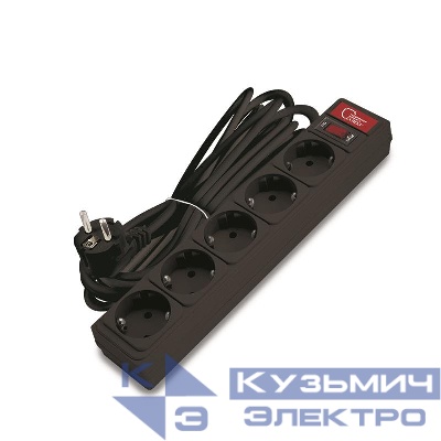 Удлинитель с сетевым фильтром 5х5м 10А IP21 ПВС 3х0.75 черн. Союз 1337